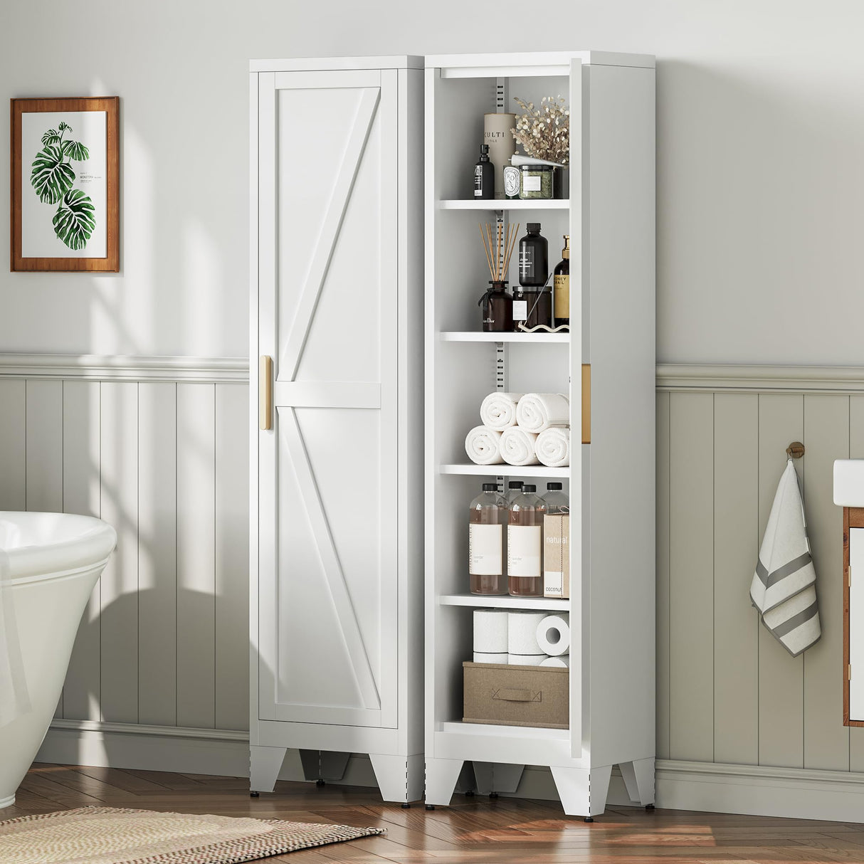 LCAOPC 67" Tall Narrow Bathroom Metal Storage Cabinet with 4 Adjustable Shelves, Freestanding 5 Tier Slim Pantry Storage Cabinet for Small Space, White LCAOPC