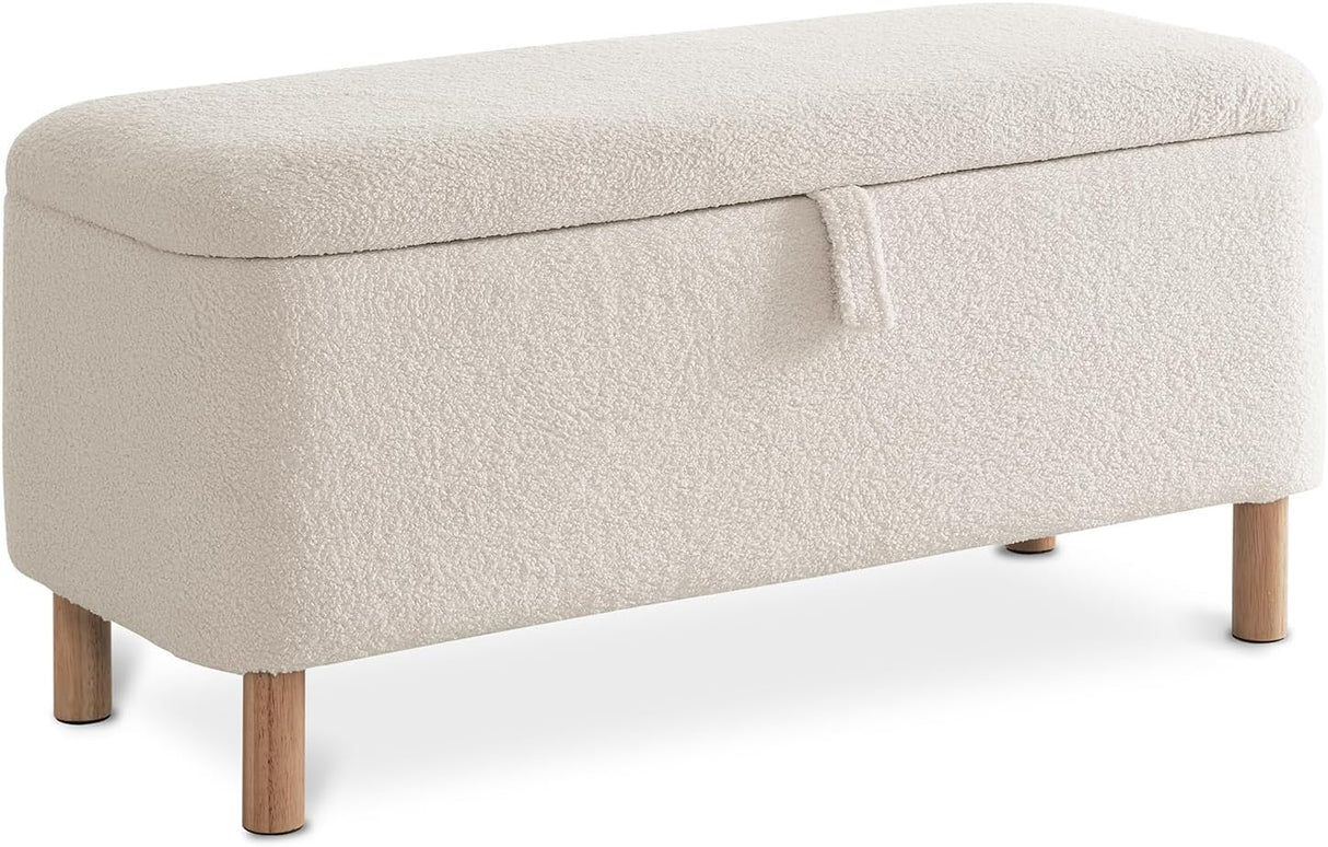 Boucle Storage Ottoman Bench for Bedroom end of Bed, Sherpa Upholstered Shoe Seat Storage Beach for Entryway Bed Foot, Rectangle Cushion Padded Blanket Chest Cute for Living Room, Off White Comfort Stretch