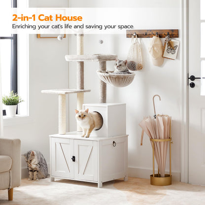 HOOBRO Cat Tree Tower with Litter Box Enclosure for Indoor Cats, Wooden Cat Condo with Scratching Posts, Cat Litter Box Furniture Hidden, All-in-One Cat Toy with Cat House, White WT15MZ03 - WoodArtSupply