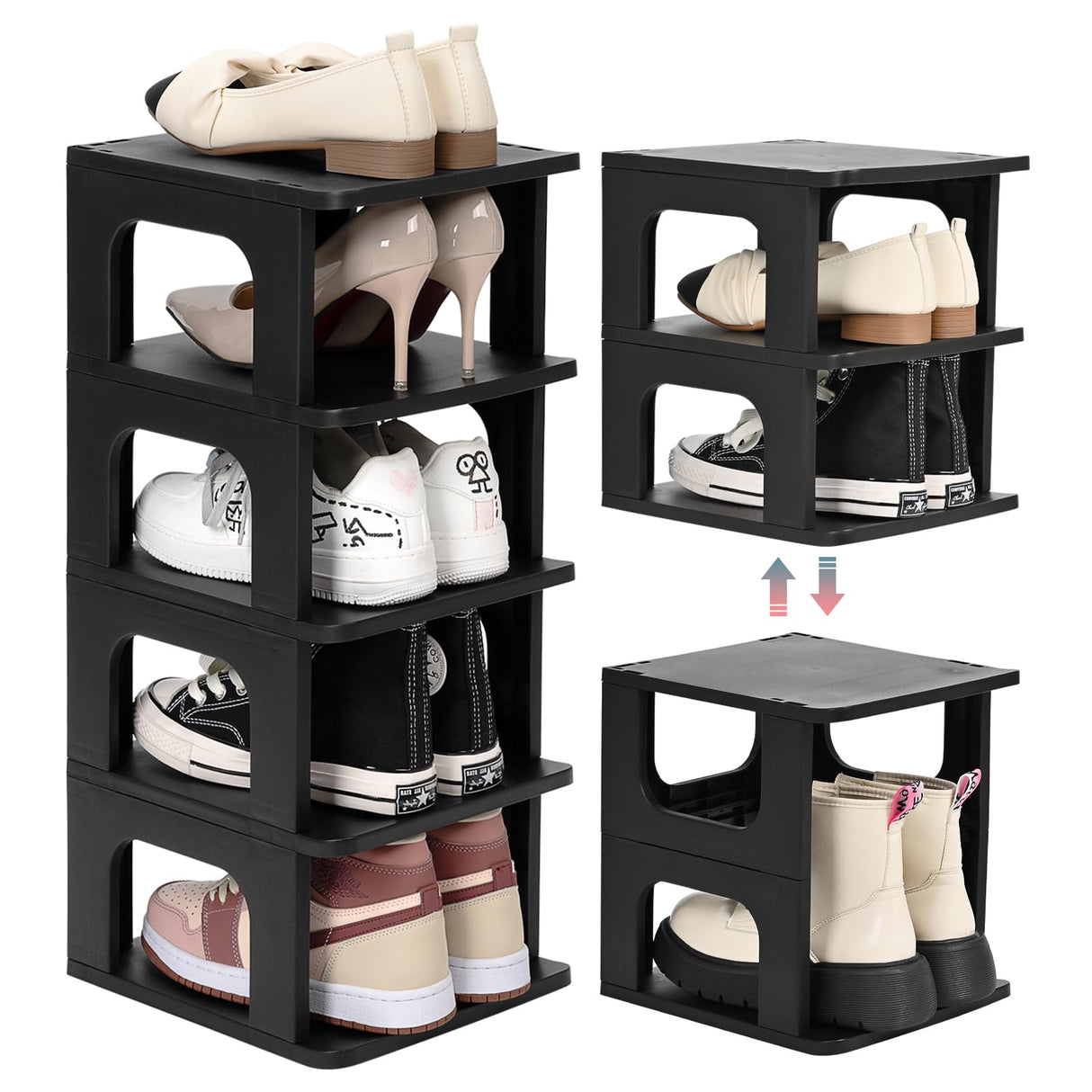 TRZZ 5-Tier Small Shoe Rack, Vertical Narrow Stackable Organizer with Removable Partition, Efficient Shoe Storage for Closet, Entryway, and Small Spaces (Black) TRZZ