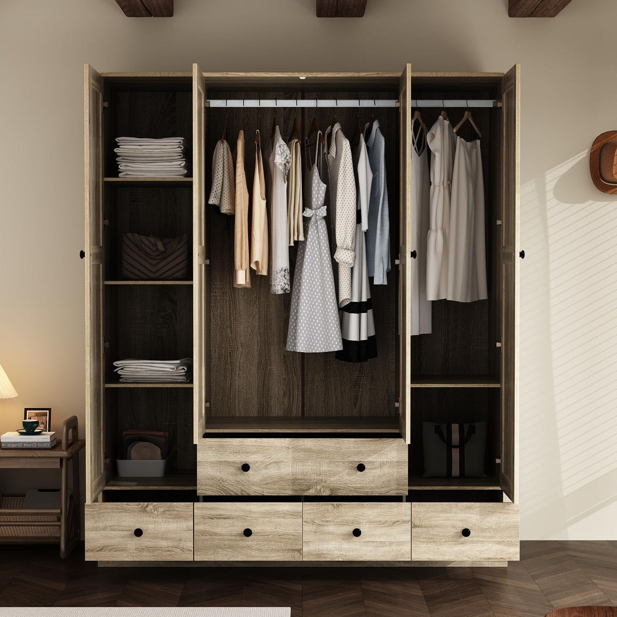 WOODTIME Rattan Armoire Wardrobe Closet with 7 Shelves, 5 Drawers & Hanging Bars, 59" L Wooden Wardrobe Clothes Storage Cabinet for Bedroom, Guest Room, Brown WOODTIME