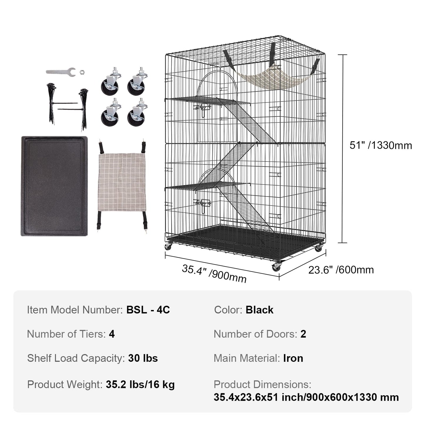 VEVOR Cat Cage Indoor Catio Cat Enclosure, Large Cat House on Rotating Wheels, 4-Tier Pet Playpen, Cat Crate Cat Kennel, 35.4" L x 23.6" W x 51" H