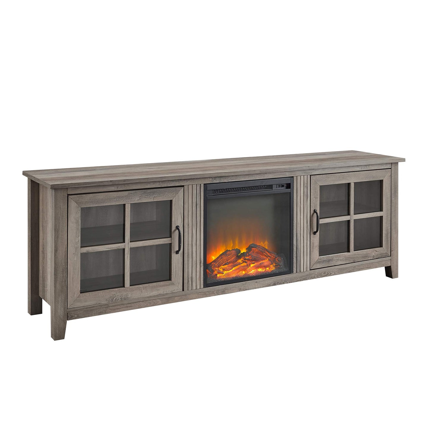 Walker Edison Bern Classic 2 Glass Door Fireplace TV Stand for TVs up to 80 Inches, 70 Inch, Grey Wash