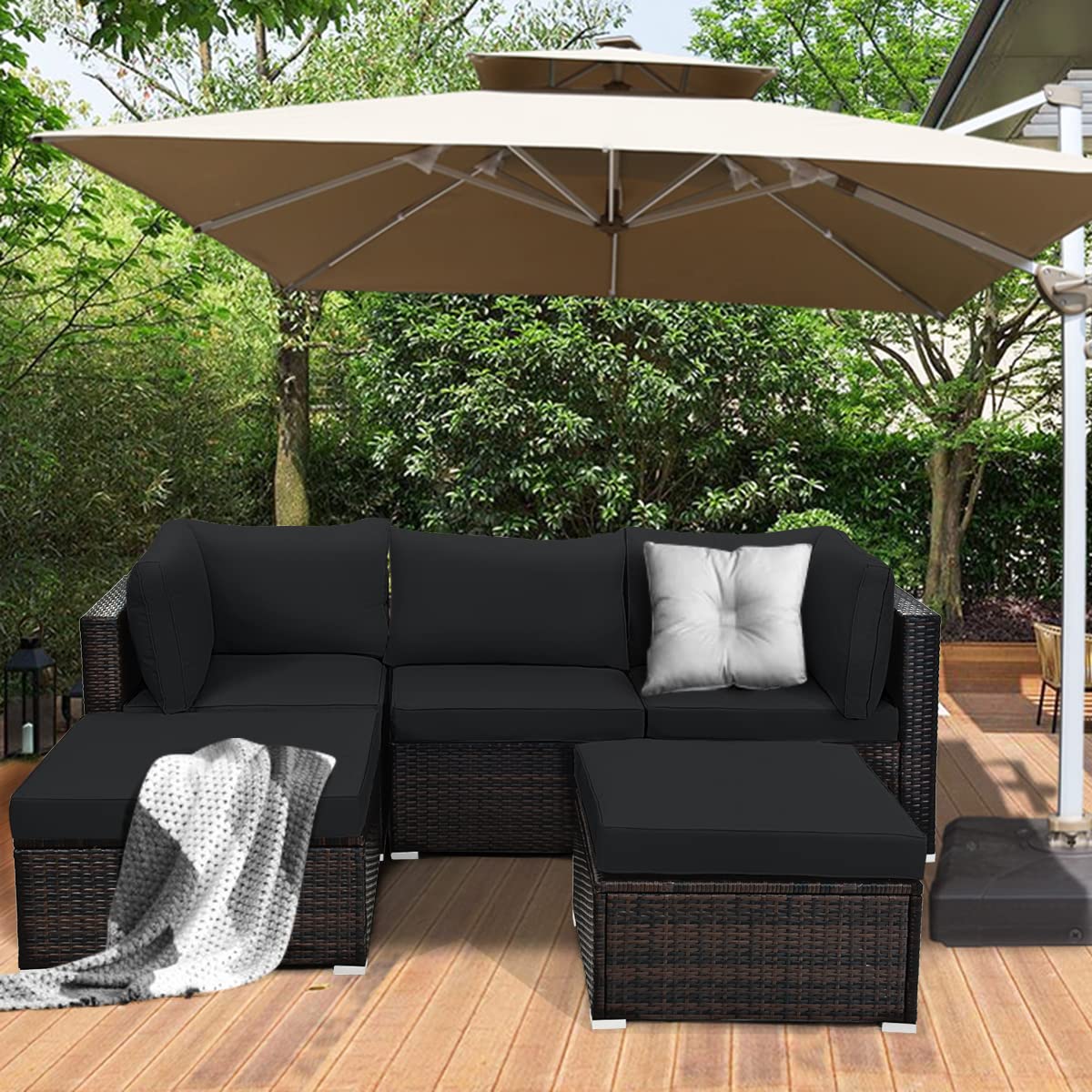 Tangkula 5 Piece Patio Rattan Furniture Set, Outdoor Sectional Rattan Sofa Set with Back & Seat Cushions, Wicker Conversation Set with Tempered Glass Table for Backyard Porch Poolside (Black) Tangkula