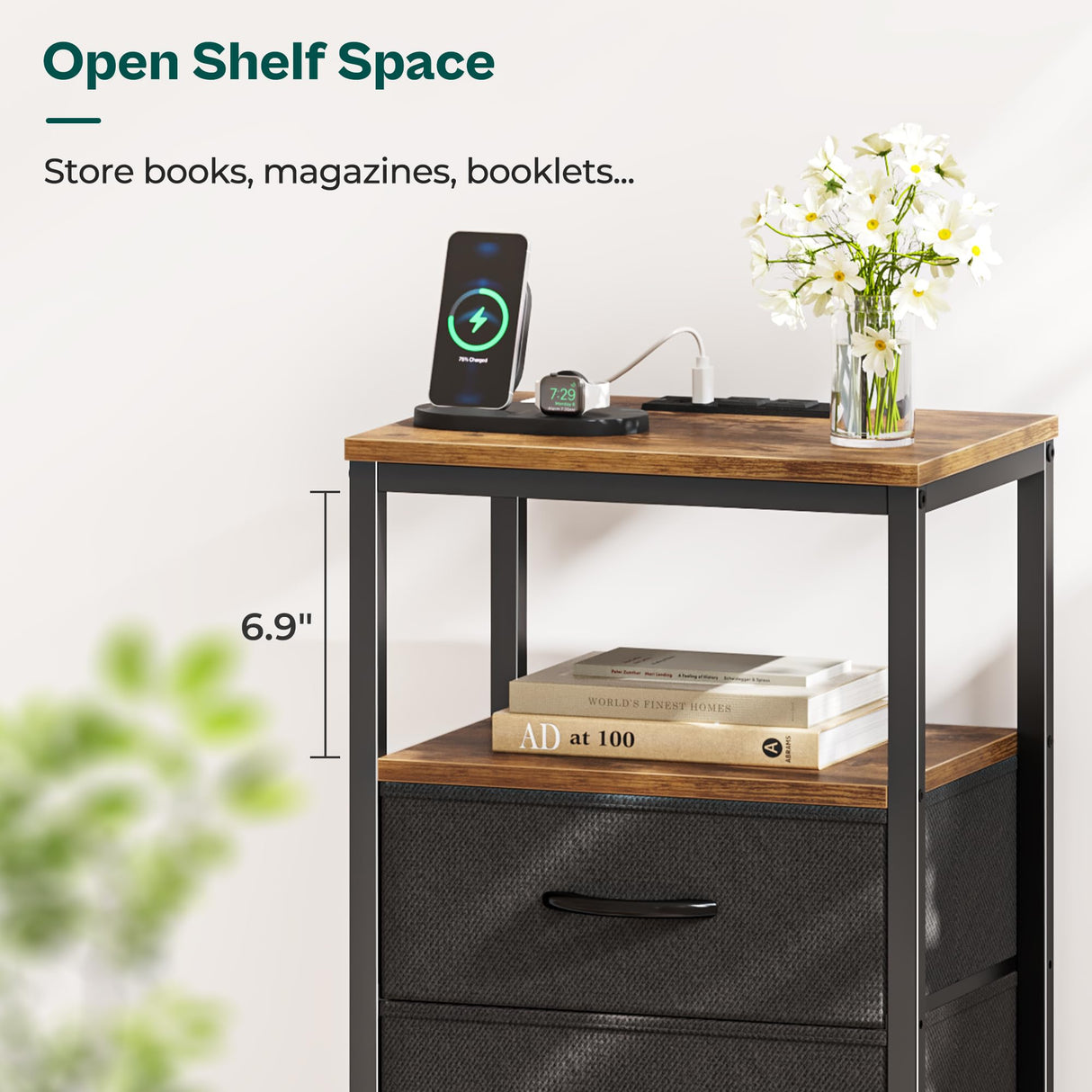 Huuger Nightstands Set of 2, End Tables with Charging Station, Side Tables with Fabric Drawers, Bedside Tables with USB Ports and Outlets, Night Stands for Bedroom, Rustic Brown and Black Huuger