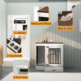 yookare White Heavy Duty Furniture Dog Crate, Wood and Metal Cage Kennel, Double Doors End Table with Drawer and Pull-Out Trays, Dog Home for Indoor use, Medium Size yookare