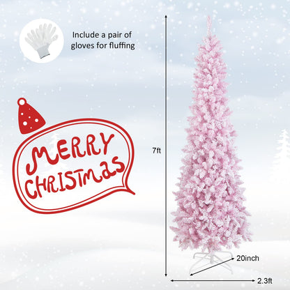 Goplus 7ft Pink Pre-Lit Pencil Christmas Tree, Snow Flocked Artificial Slim Tree with 800 Branch Tips, 300 LED Lights, 8 Lighting Modes, Life-Like Hinged Xmas Tree for Indoor Home Office Holiday Decor