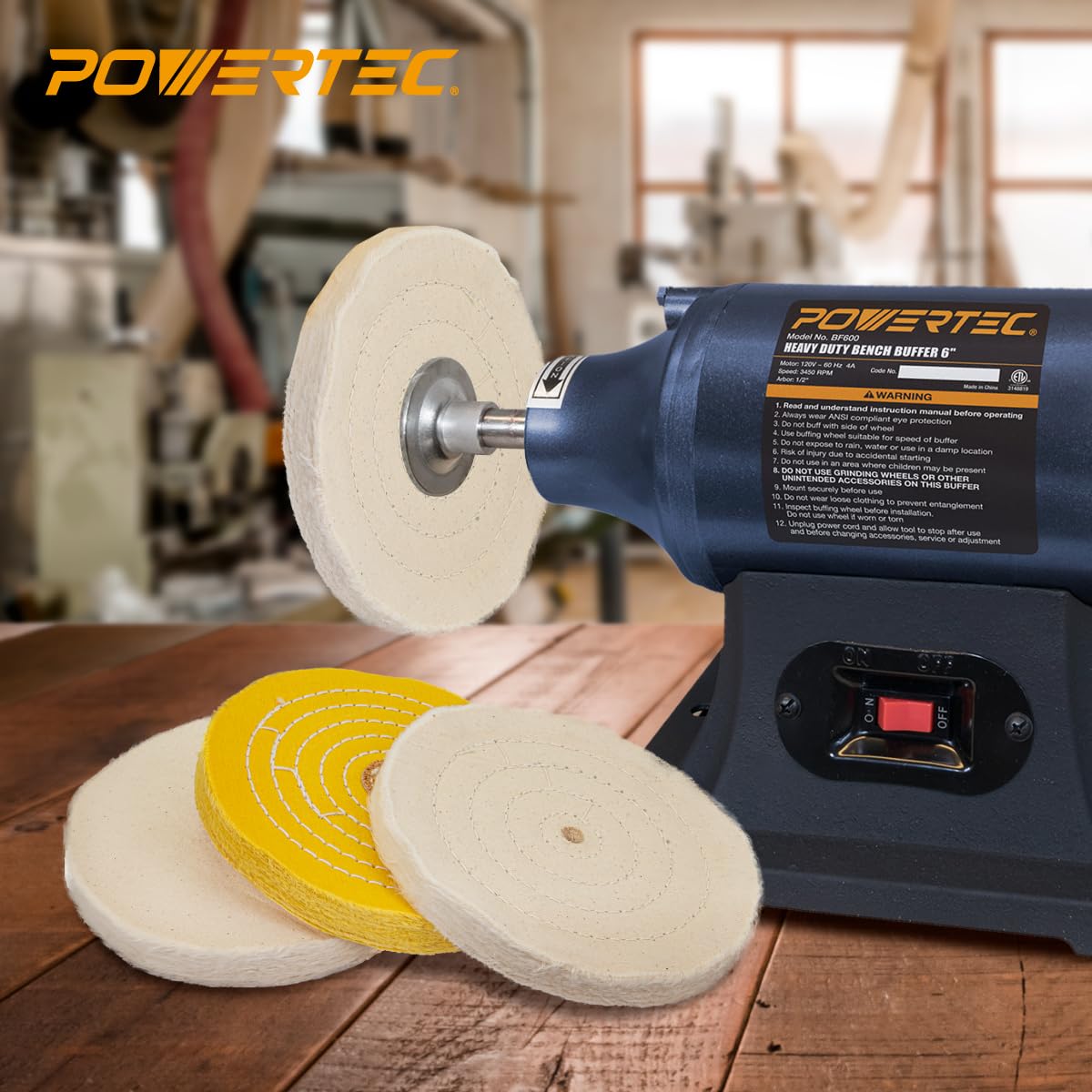 POWERTEC 6-Inch Bench Buffer Jewelry Polisher - Includes 5PCs 80Ply Buffing Wheels + 3PCs Polishing Compound Set | Benchtop Buffing Machine for Metal, Jewelry, Knives, Wood, Jade, and Plastic (BF601D) POWERTEC