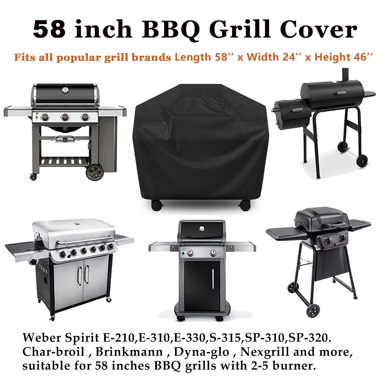 Grill Cover, BBQ Cover 58 inch,Waterproof BBQ Grill Cover,UV Resistant Gas Grill Cover,Durable and Convenient,Rip Resistant,Black Barbecue Grill Covers,Fits Grills of Weber,Brinkmann etc