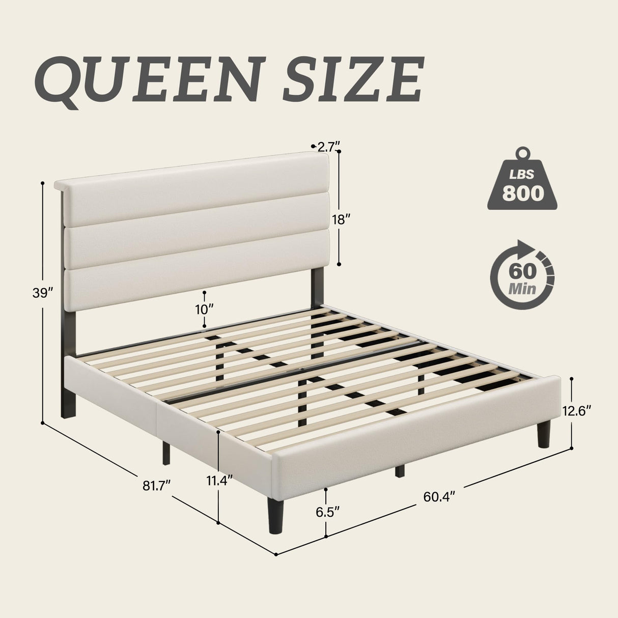 Fluest Queen Bed Frame, Platform Bed Frame with Velvet Upholstered Headboard, No Box Spring Needed, Sturdy Metal Support, Noise Free, Easy Assembly, Modern Bedroom Furniture, Beige Fluest