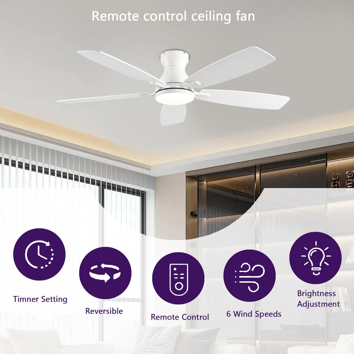 NKPU 52inch Ceiling Fans with Lights, Low Profile Ceiling Fan with Light and Remote Control/APP Control, DC Reversible Motor, Noiseless, Flush Mount White Ceiling Fan for Bedroom, Indoor/Outdoor Use NKPU