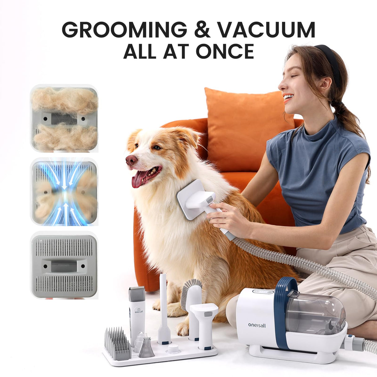 oneisall Dog Hair Vacuum & Dog Grooming Kit, Pet Grooming Vacuum with Pet Clipper Nail Grinder, 1.5L Dust Cup Dog Brush Vacuum with 7 Pet Grooming Tools for Shedding Pet Hair, Home Cleaning oneisall