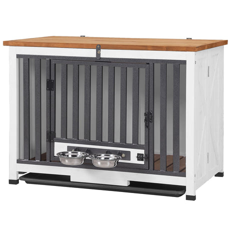 GUTINNEEN Dog Crate Furniture Foldable Dog Kennel for Small Medium Dogs Large Solid Wood Dog House with Bowl Heavy Duty Dog Cage End Table GUTINNEEN