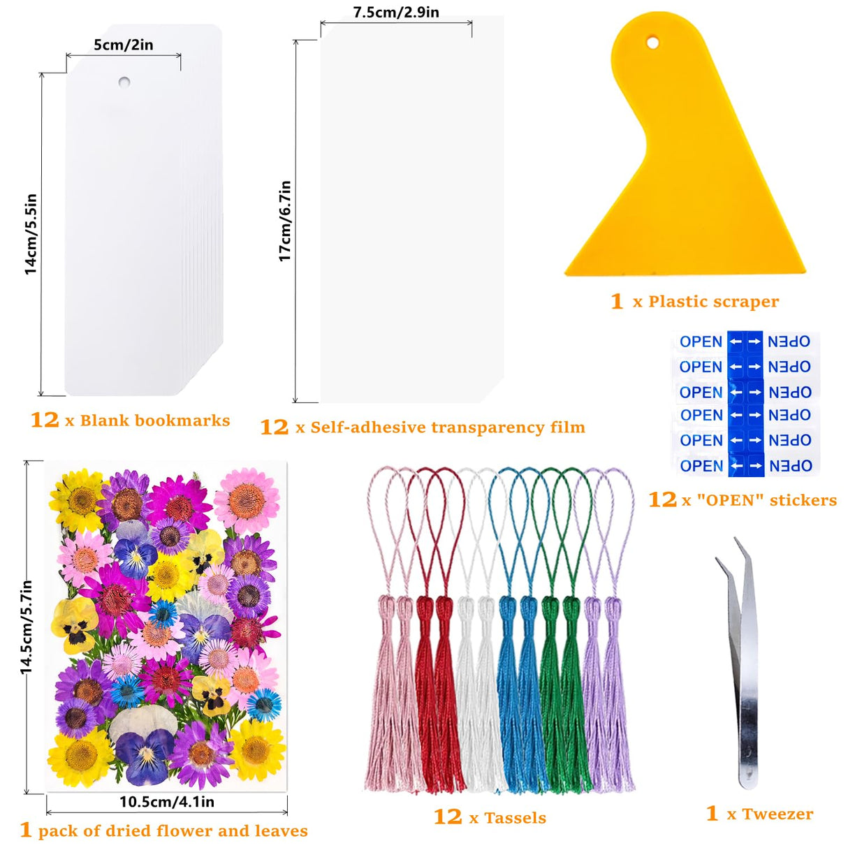 Cardstock Blank Bookmarks Set, 12 Pcs DIY White Craft Bookmarks for Pressed Flowers, Dried Flower Bookmark Making Kit with 43 Pcs Pressed Flowers, 12 Pcs Tassels, DIY Bookmarks for Dried Flowers HEOCAKR