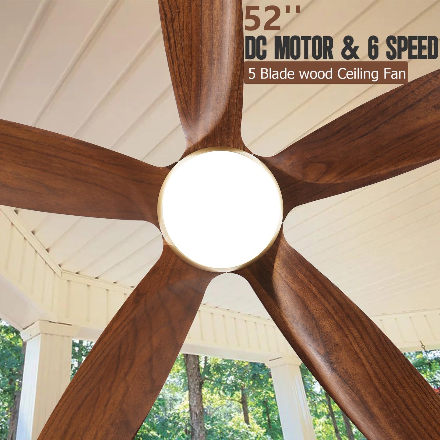 52 Inch Outdoor Ceiling Fans for Patios with Light, Large Airflow Ceiling Fan Indoor Exterior Ceiling Fan Damp Rated, Rustic Wood Ceiling Fan Gold for House Porch Gazebo Commercial, Quiet DC  - WoodArtSupply