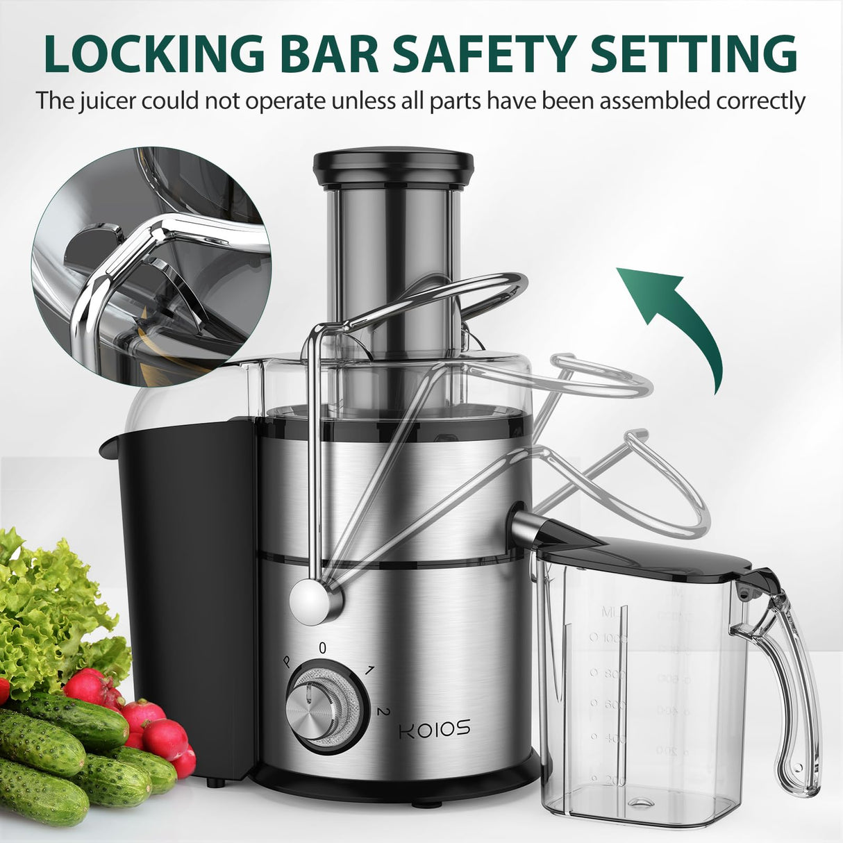 1300W KOIOS Centrifugal Juicer Machines, Juice Extractor with Extra Large 3inch Feed Chute, Full Copper Motor, Titanium-Plated Filter, High Juice Yield, 3 Speeds Mode,Easy to Clean with Brush,BPA-Free KOIOS