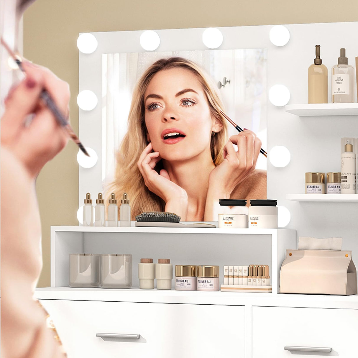 FIONESO Vanity Desk with Mirror and Lights, Makeup Vanity with 5 Drawers and 3 Storage Shelves, 3 Color Modes & Adjustable Brightness Dressing Table, Vanity Desk for Bedroom, White FIONESO