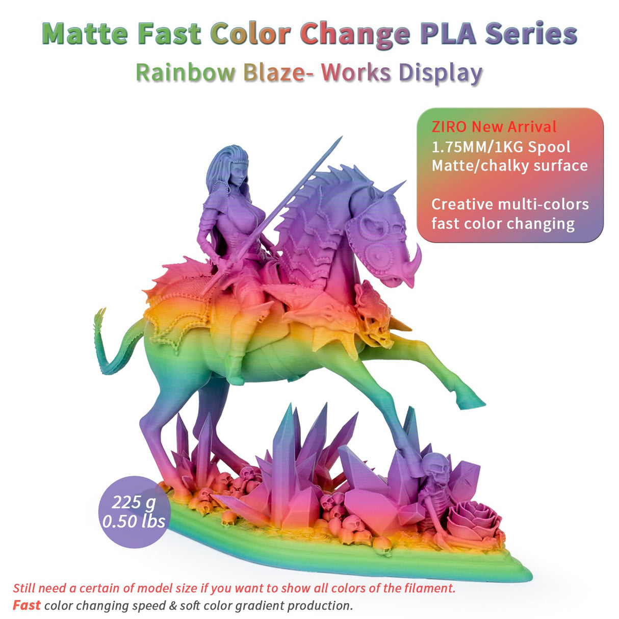 ZIRO 3D Printer Filament PLA, Fast Color Changing Filament(Matte), Color Change by Length PLA, Fit Most FDM 3D Printers, Matte Finish 1KG/ 2.2lbs Spool, Rainbow Blaze ZIRO