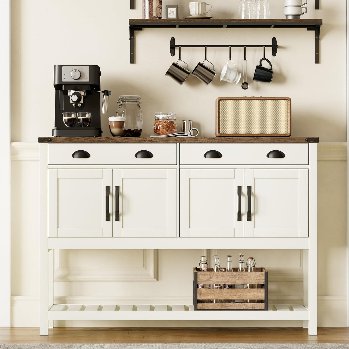 ChooChoo 47" Farmhouse Console Table with Storage, Rustic Entryway Table with Drawers & Doors, Narrow Long Sofa Table for Living Room, Hallway, Behind Couch, Soft White and Brown ChooChoo