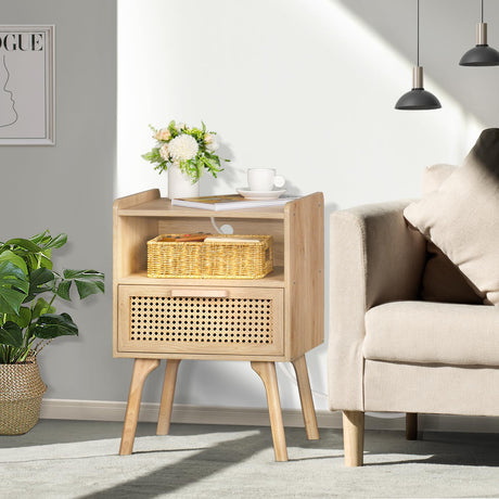 Lerliuo Rattan Nightstand with Charging Station, Boho Side Table with Drawer Open Shelf, Cane Accent Bedside End Table with Solid Wood Legs for Bedroom, Dorm and Small Spaces Lerliuo