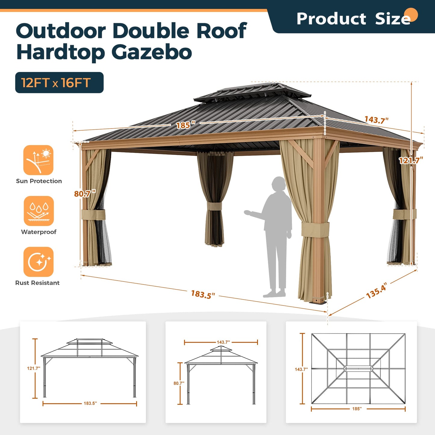 HAPPATIO 12' x 16' Hardtop Gazebo, Outdoor Wood Grain Frame Aluminum Gazebo, Double Roof Permanent Patio Gazebo Canopy with Netting and Curtains for Garden, Patio, Lawns, Parties (Beige) - WoodArtSupply