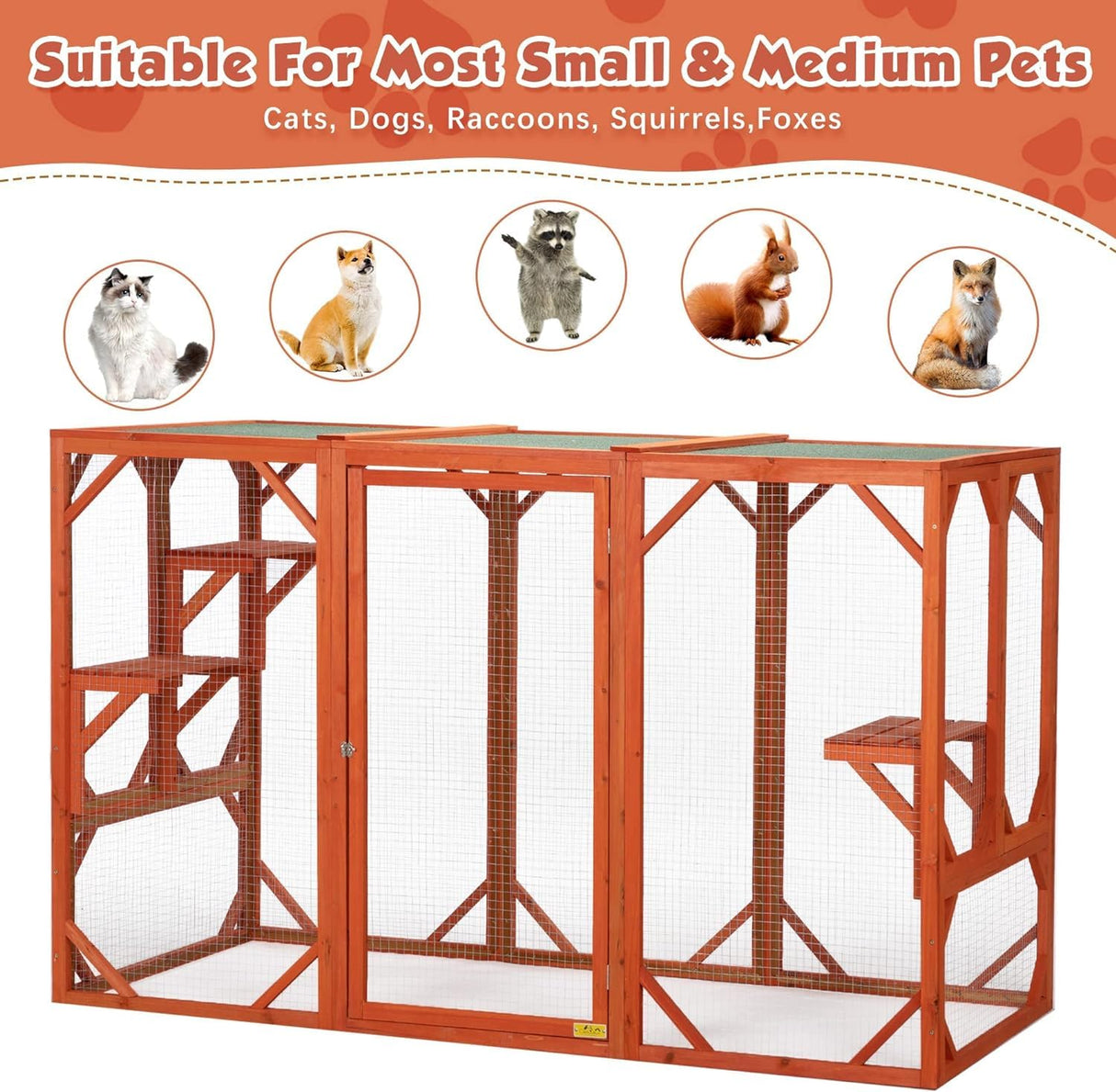 COZIVVOVV Outdoor Cat Enclosures, Large Cat Cages Indoor Large with 3 Platforms, Wooden Cat Crates for Outside, Weatherproof Cat House & Cat Condo with Asphalt Roof, Orange COZIVVOVV