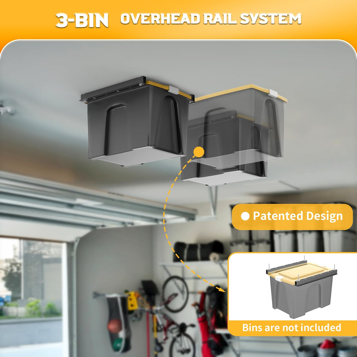 WALMANN Ceiling Tote Storage Rails, Heavy Duty Garage Ceiling Bin Storage Rack Adjustable Overhead Tote Slide Rail(4 Pack for 3 Bins, Bins Are Not Included) WALMANN