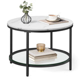 VASAGLE Round Coffee Table, Small Coffee Table with Faux Marble Top and Glass Storage Shelf, 2-Tier Circle Coffee Table, Modern Center Table for Living Room, Marble White and Ink Black ULCT072W13 VASAGLE