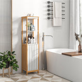 Tangkula Tall Bathroom Cabinet, Freestanding Narrow Storage Cabinet w/Door, Shelves & Adjustable Shelf, Slim Linen Tower Stand for Living Room Bathroom, 51" H, Natural Bamboo (White+Natural) Tangkula