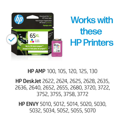 HP 65XL Tri-color High-yield Ink Cartridge | Works with HP AMP 100 Series, HP DeskJet 2600, 3700 Series, HP ENVY 5000 Series | Eligible for Instant Ink | N9K03AN