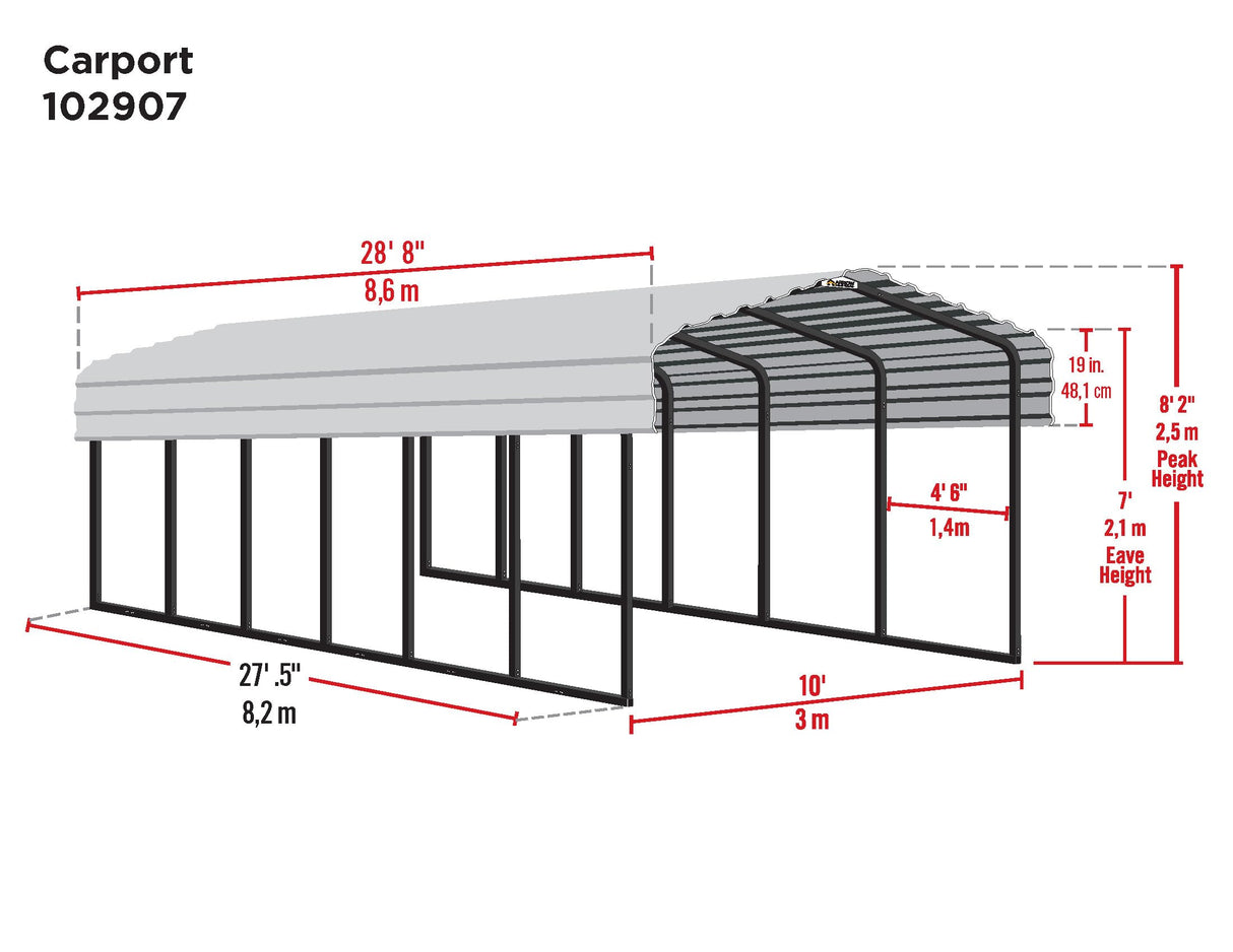 Arrow CPHC102907 Heavy Duty Galvanized Steel Metal Multi-Use Shelter, Shade, Carport, 10' x 29' x 7' Arrow