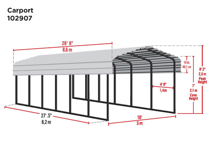 Arrow CPHC102907 Heavy Duty Galvanized Steel Metal Multi-Use Shelter, Shade, Carport, 10' x 29' x 7' - WoodArtSupply