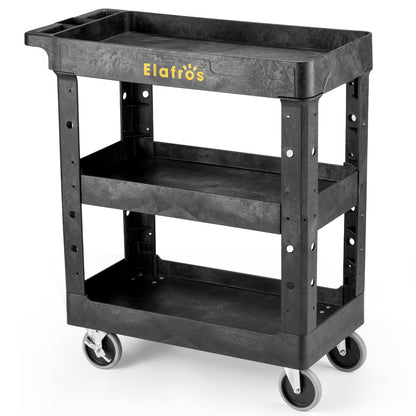 ELAFROS 3 Shelf Heavy Duty Utility Cart, 34" x 17" x 38.5", Rolling Work Cart with 4 Swivel Wheels, Deep Shelves, Safely Holds up to 550 lbs 3-Tier Service Cart Tool Cart, Black