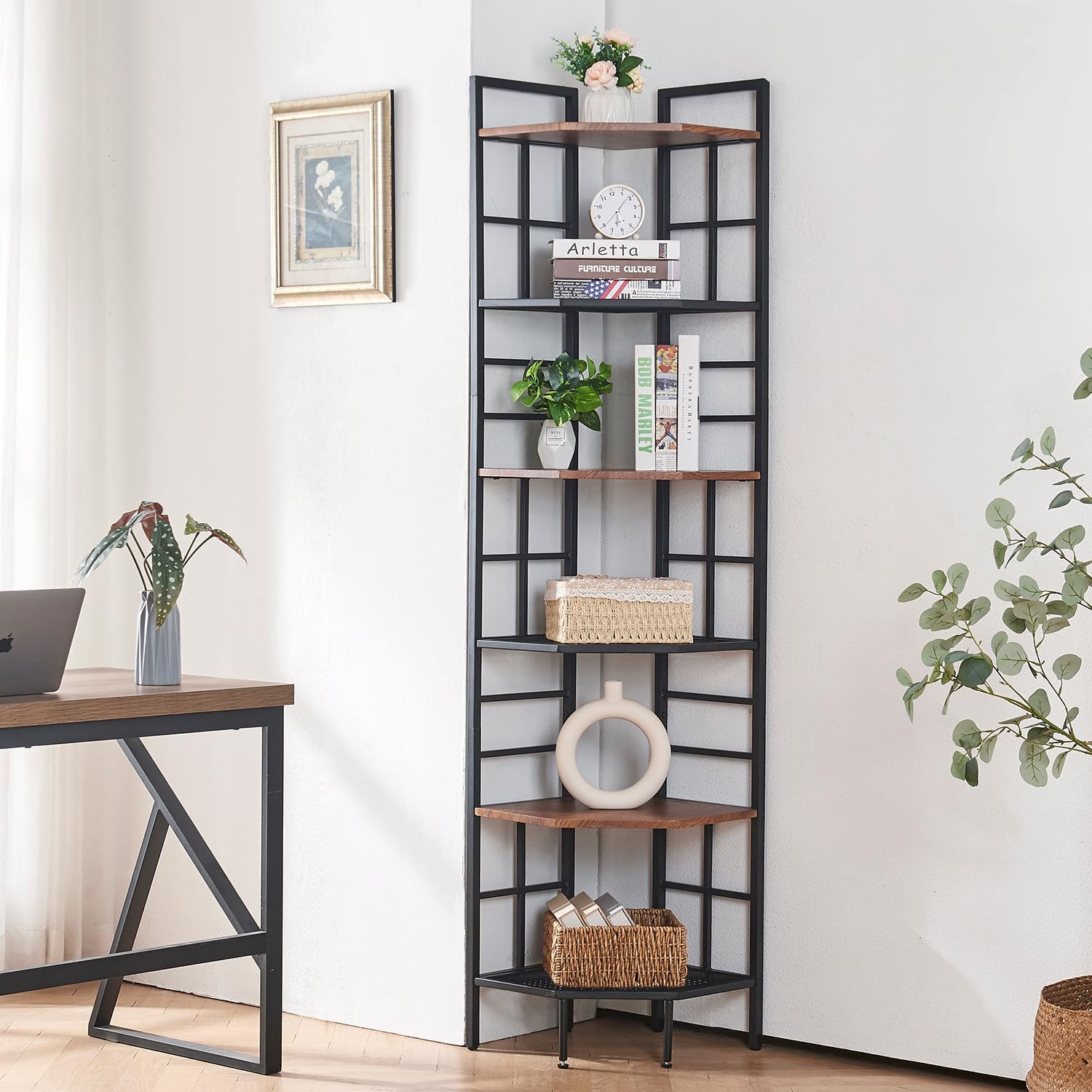 HOMISSUE 6-Tier Industrial Corner Shelf - Stylish Brown Bookshelf with Metal Frame and MDF Board for Home and Office Storage - WoodArtSupply