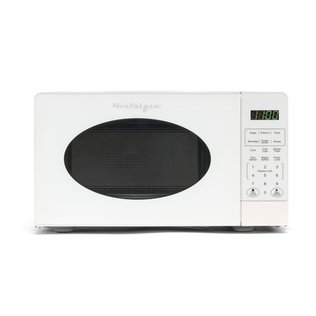 Nostalgia Modern Retro Countertop Microwave Oven - 700-Watt - 0.7 cu ft - 12 Pre-Programmed Cooking Settings - Digital Clock - Kitchen Appliances - White Nostalgia