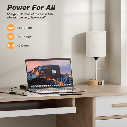 Small Bedside Lamp for Bedroom Nightstand - Table Lamp with USB C and A Port, Pull Chain Bed Lamp with AC Outlet, Nightstand Lamp with Wood Base for Kids Reading, Desk Lamp for Living Room/Dorm Room