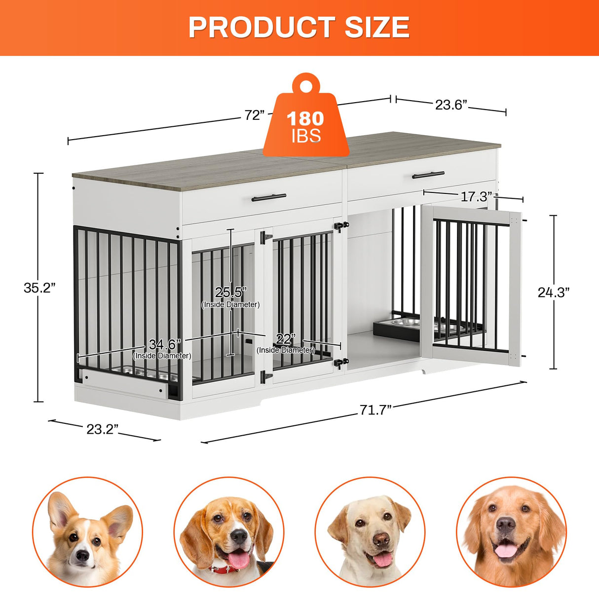 Rophefx 72" Dog Crate Furniture for 2 Dogs, Large Dog Kennel Furniture with 2 Storage Drawers and Removable Divider, Indoor Wooden Dog Cage with 4 Bowls, Dog House TV Stand for Large Dog, White Grey Rophefx