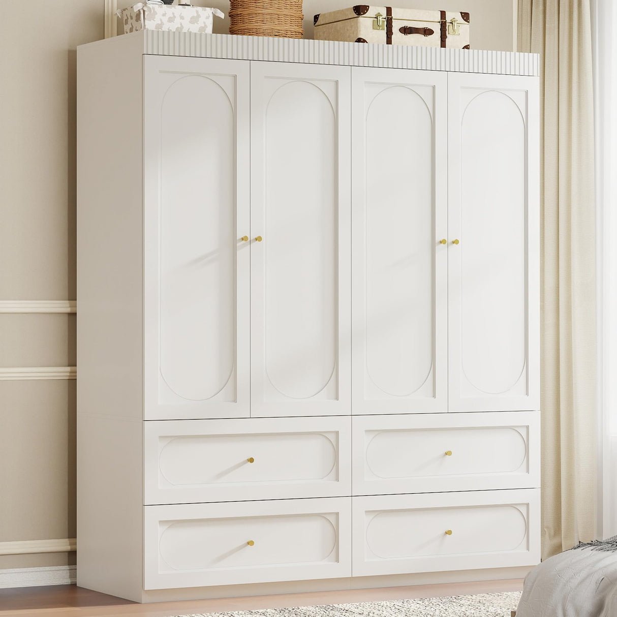 Swyanste White Armoire Wardrobe Closet: 74" Large Wardrobe Closet with 4 Drawers, 4 Door Armoire Wardrobes for Hanging Clothes, Modern Wooden Closets for Bedroom (White) Swyanste
