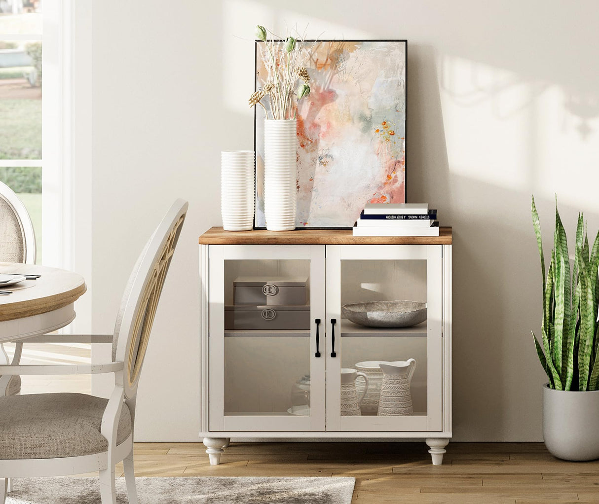 WAMPAT TV Stand for 43 Inch, Wood Console Table Storage Cabinet for Living Room, Kitchen Sideboard Buffet Cabinet With Glass Door for Dining Room, Off White WAMPAT