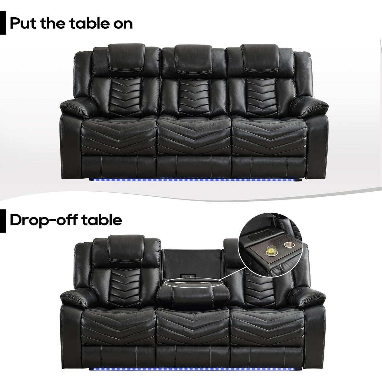 Manual Recliner Sofa Set 3 Piece with Wireless Charger for Living Room,Leather 3 Seater Reclining Couch with Bass Speaker and Loveseat Theater Seating,Home Electric Recliner Chair with LED Light,Black Comfort Stretch