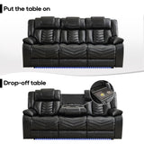 Manual Recliner Sofa Set 3 Piece with Wireless Charger for Living Room,Leather 3 Seater Reclining Couch with Bass Speaker and Loveseat Theater Seating,Home Electric Recliner Chair with LED Light,Black Comfort Stretch