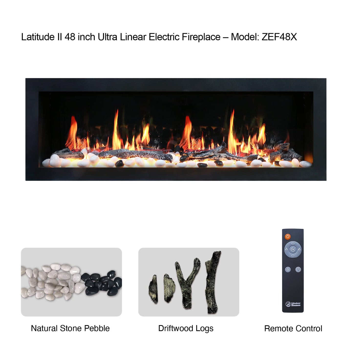 Litedeer Homes Latitude II 48" Smart HD LED Electric Fireplace with App, Adjustable Crackling Fire Sounds and Sparkles,5 Unique Realistic Flame, Black Fireplace (Model: ZEF48X)