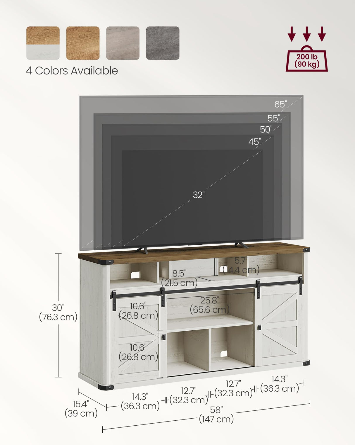 VASAGLE TV Stand for TVs up to 65 Inches, Farmhouse Entertainment Center with Sliding Barn Doors, TV Console Table for Living Room, Rustic White and Honey Brown ULTV322W73 VASAGLE