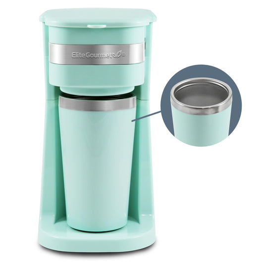 Elite Gourmet EHC113M Personal Single-Serve Compact Coffee Maker Brewer Includes 14Oz. Stainless Steel Interior Thermal Travel Mug, Compatible with Coffee Grounds, Reusable Filter, Mint