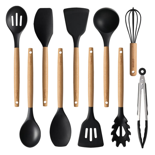 CAROTE Silicone Cooking Utensils Set for Nonstick Cookware, 446°F Heat Resistant Kitchen Utensil Set with Wooden Handle 10pcs, Spatula, Turner, Spoon, Tongs, Whisk