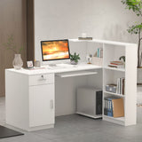 AGOTENI Reception Desk, Front Counter Desk with Lockable Drawer & Bookshelf, L Shape Reception Table Wooden Computer Table for Office, Black AGOTENI