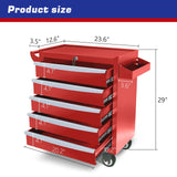 MHEOMTME Rolling Tool Chest with Drawers, Craftsman Tool Box Organizer, Toolbox Cabinet with Keyed Locking System, 5 Drawer Tool Storage Cart on Wheels for Garage, Workshop and Repair Room, Red MHEOMTME