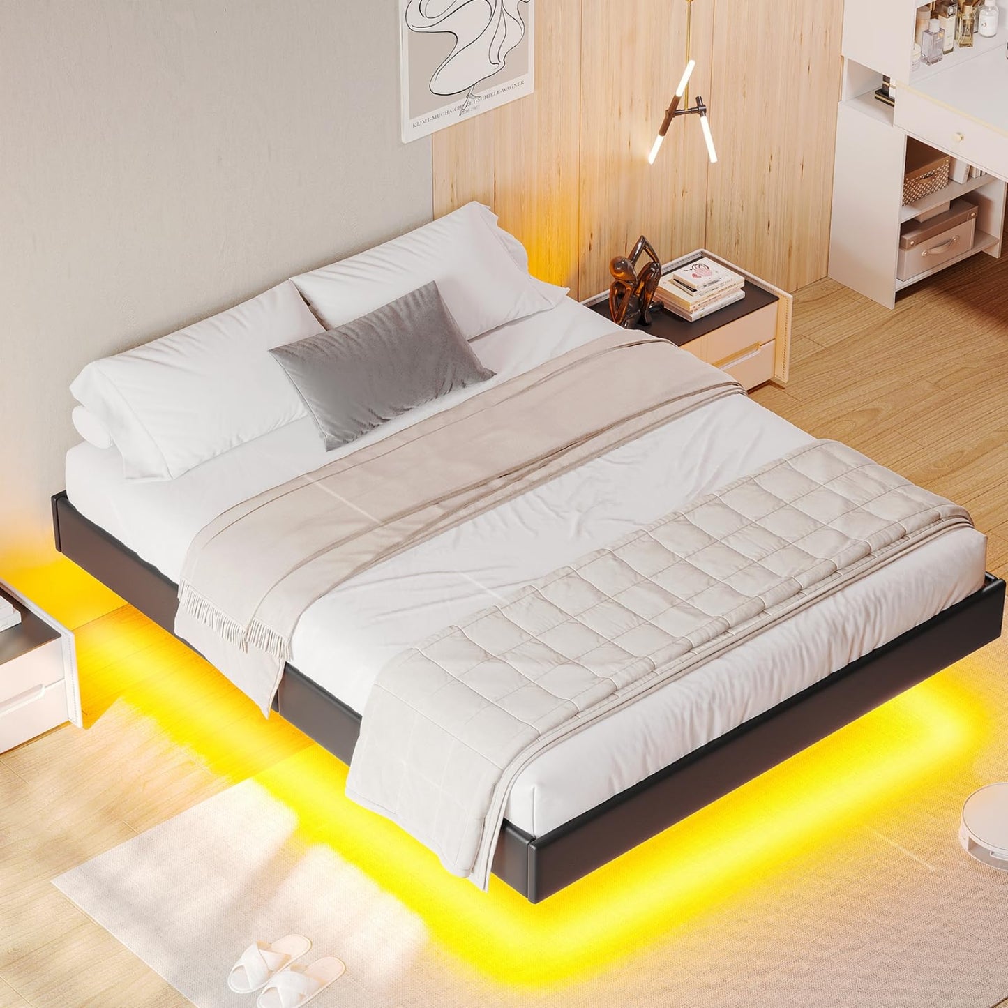 Hasuit Black California King Floating Bed Frame with LED Lights - WoodArtSupply