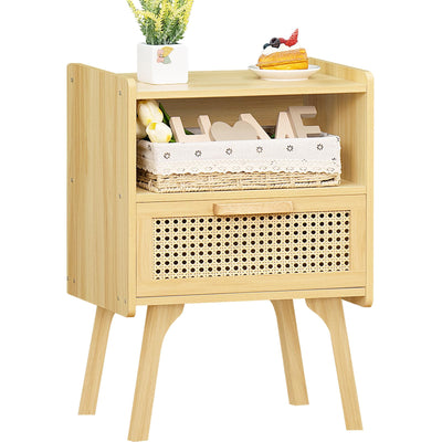 Lerliuo Rattan Nightstand, Boho Night Stand with Handmade Natural Rattan Drawer and Open Shelf, Cane Accent Side Table, End Tables with Solid Wood Legs for Bedroom, Dorm and Small Spaces