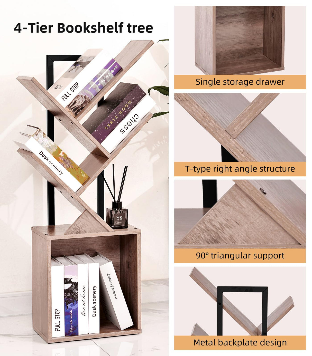YSVCO 4 Tier Book Tree Bookshelf, Wooden Small Book Shelf with Storage Cabinet, Modern Freestanding Bookcase, Floor Standing Display Organizer for Small Spaces, Living Rooms, Home Offices, Gray BS34GB YSVCO